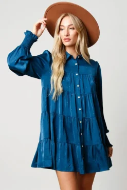 Mini-Peach Love California Teal Rhinestone Button Down Shirt Dress
