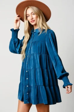 Mini-Peach Love California Teal Rhinestone Button Down Shirt Dress