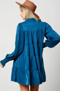 Mini-Peach Love California Teal Rhinestone Button Down Shirt Dress