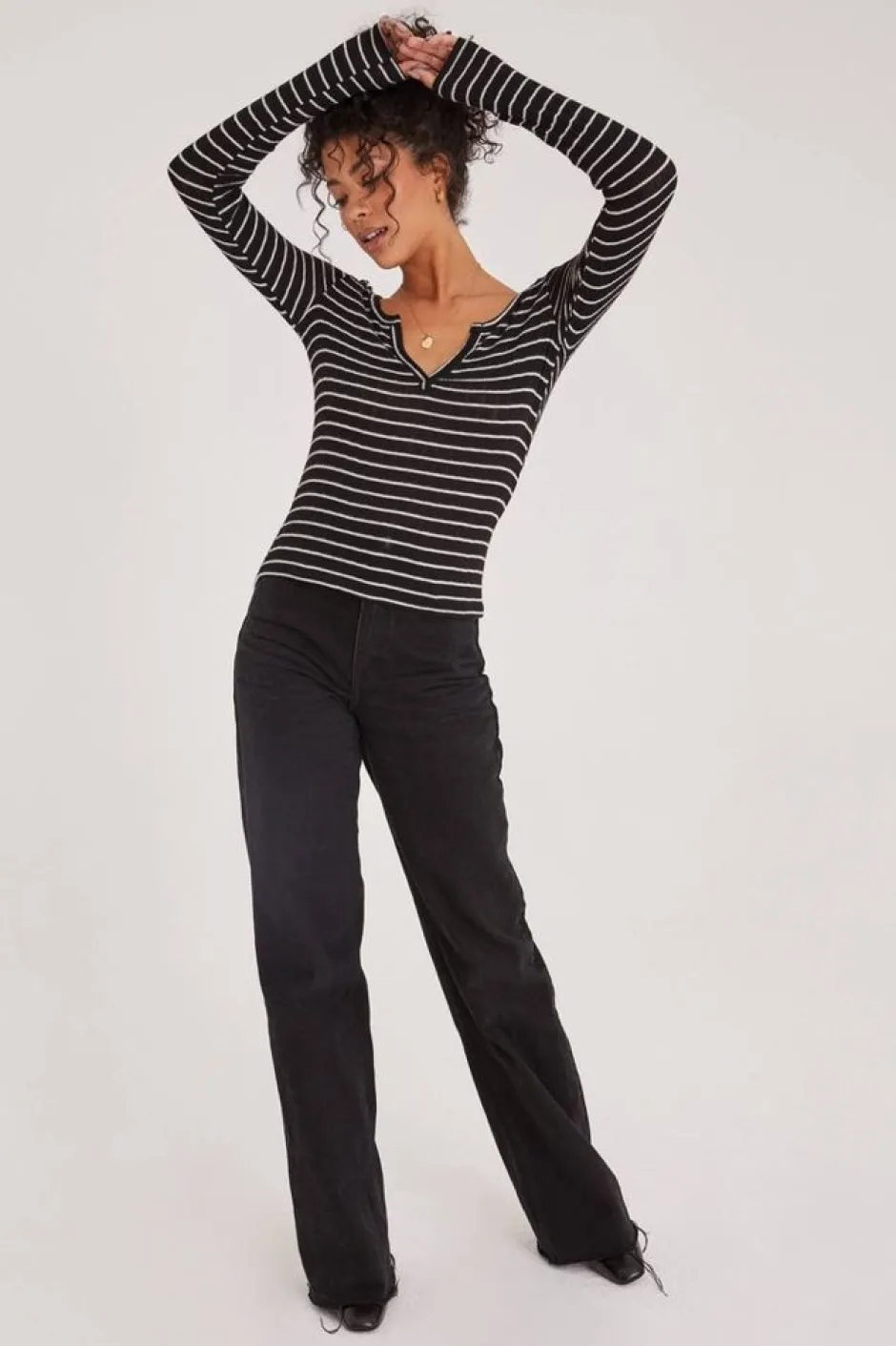 Blouses-Project Social T Sage Cozy Henley - Black Stripe