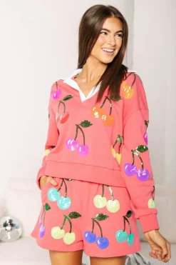 Sweatshirts-Queen of Sparkles Bright Pink Rainbow Cherry Polo Sweatshirt