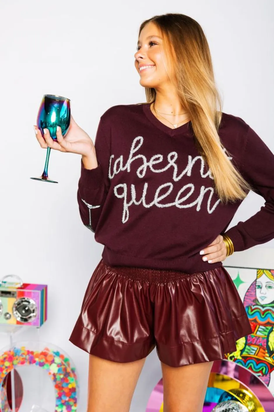 Shorts-Queen of Sparkles Maroon Leather Swing Shorts