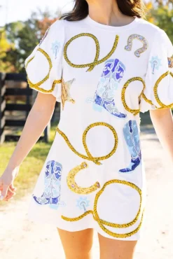 Mini-Queen of Sparkles White Cowgirl Icon Poof Sleeve Dress