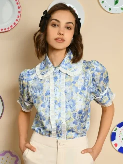Blouses-Sister Jane Sky Floral Ruffle Blouse - Cornflower Blue