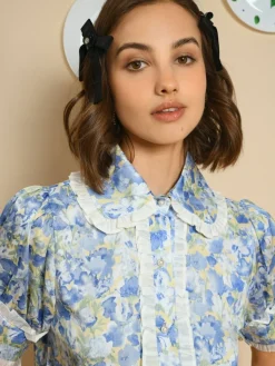 Blouses-Sister Jane Sky Floral Ruffle Blouse - Cornflower Blue
