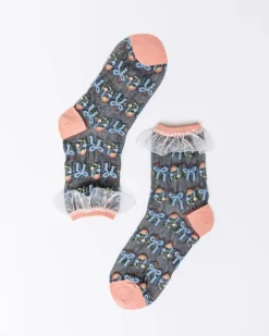 Socks And Tights-Sock Candy Floral Bow Ruffle Black Sheer Ankle Sock
