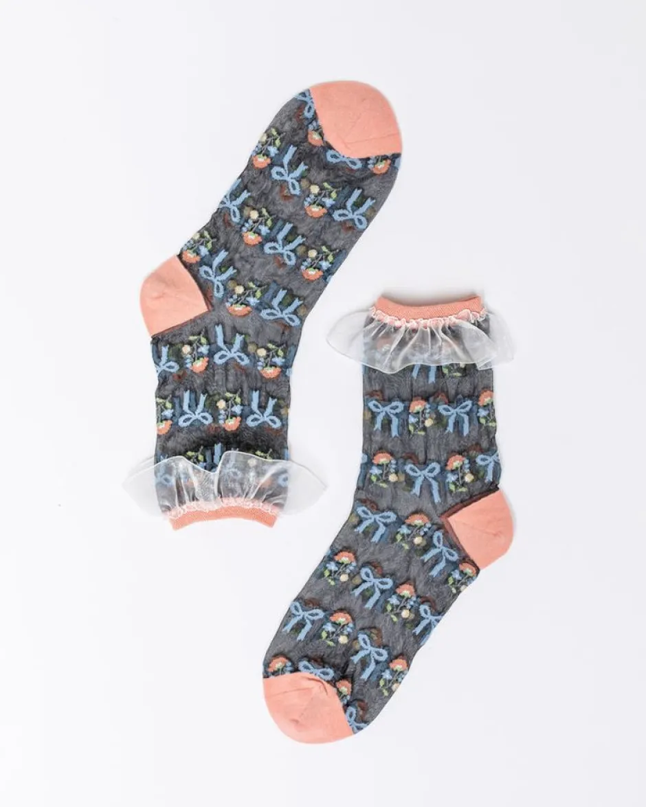 Socks And Tights-Sock Candy Floral Bow Ruffle Black Sheer Ankle Sock