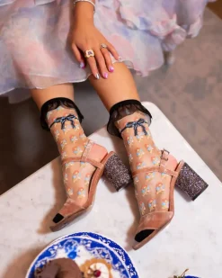 Socks And Tights-Sock Candy Repeat Floral Ruffle Sheer Crew Sock