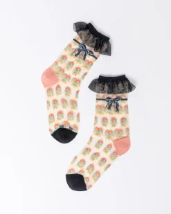 Socks And Tights-Sock Candy Repeat Floral Ruffle Sheer Crew Sock