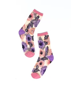 Socks And Tights-Sock Candy Sunflower Butterfly Sheer Crew Sock