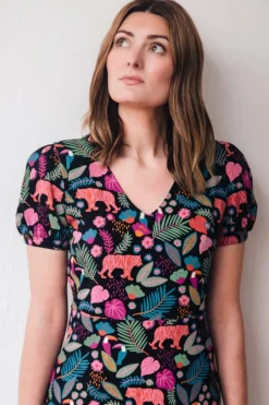 Mini-Sugarhill Brighton Annette V-Neck Jersey Dress - Black, Tigers & Toucans