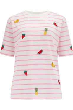 T-Shirts-Sugarhill Brighton Kinsley Relaxed T-Shirt - Off-White/Pink, Fruit Embroidery