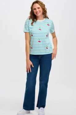 T-Shirts-Sugarhill Brighton Maggie T-Shirt - Blue/White, Cherry Embroidery